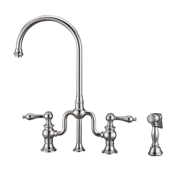 Whitehaus Bridge Faucet W/ Gooseneck Swivel Spout, Lvr Handles And Brass Side Spr WHTTSLV3-9773-NT-C